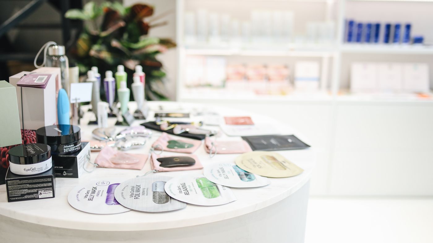 Shelves of skincare products showing how to choose skincare products in a shop