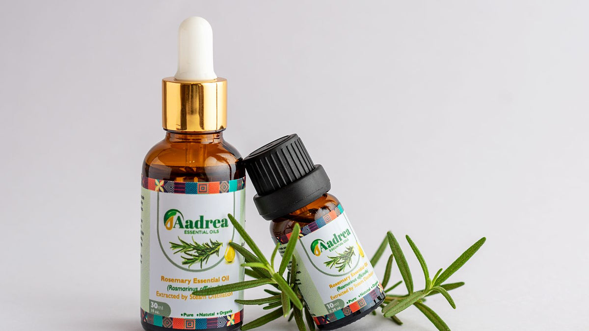 Bottles of rosemary oil beside a fresh sprig, ready to blend rosemary and castor oil for hair