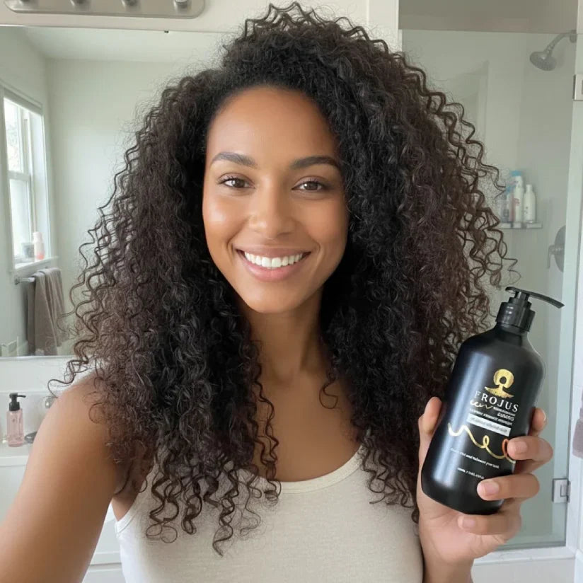 Curly haired woman with Frojus conditioner