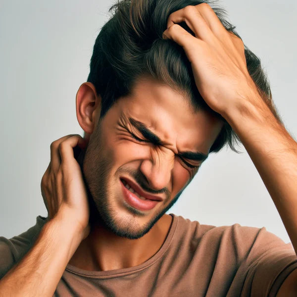 Man with an itchy scalp after using hair growth products
