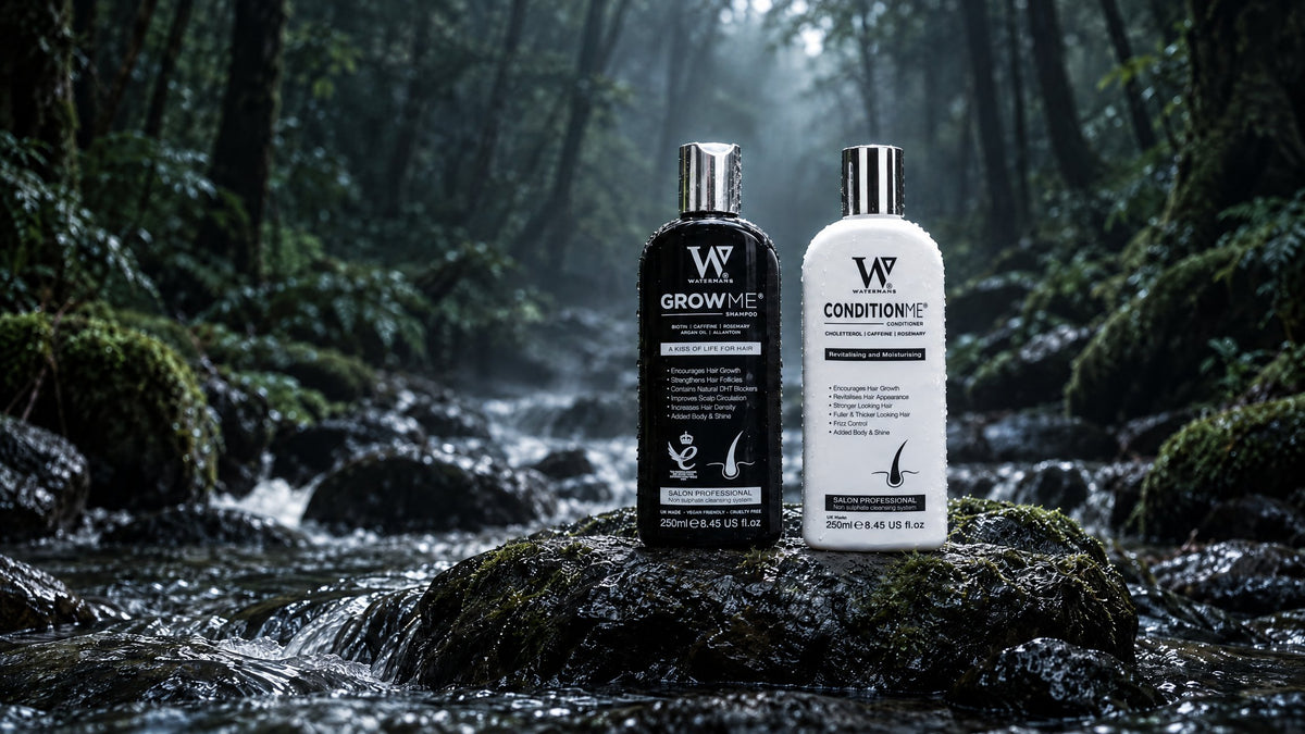 Watermans Grow Me hair growth shampoo and Condition Me conditioner set for thinning hair and hair loss, in a UK forest