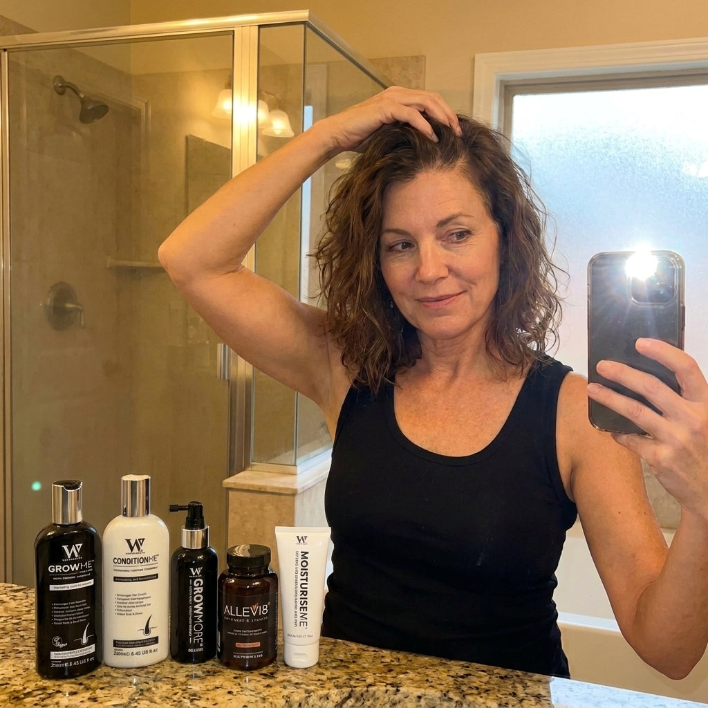 Woman in her fifties checking her hairline in the bathroom mirror with Watermans menopause hair products: Grow Me shampoo, Condition Me, Grow More elixir, Allevi8 and Moisturise Me